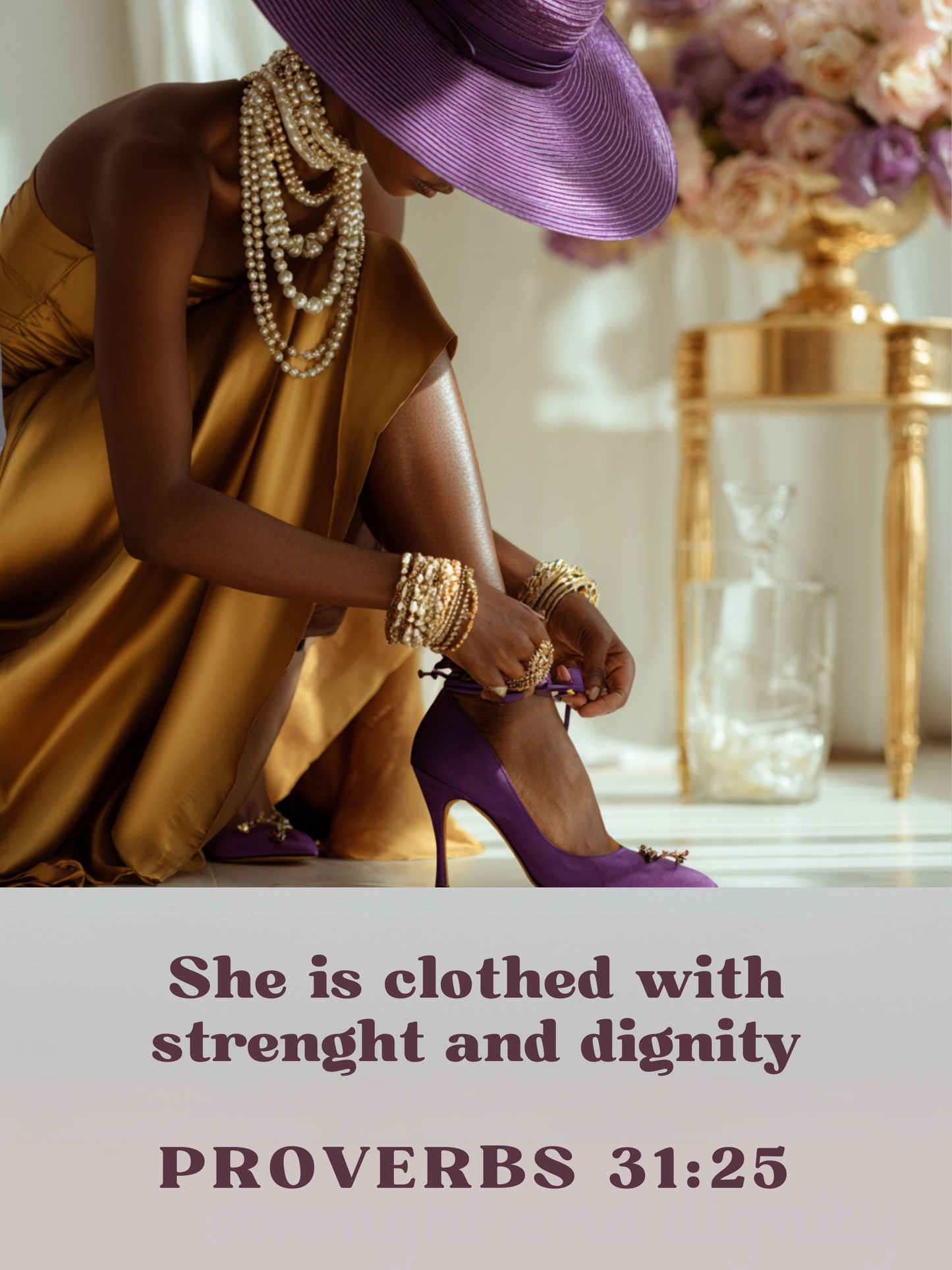 She is clothed with strength and dignity Proverbs 31:25 bk lady in gold and purple hat Matte Poster
