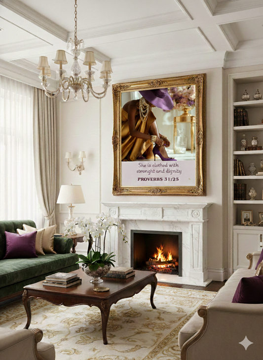 She is clothed with strength and dignity Proverbs 31:25 bk lady in gold and purple hat Matte Poster